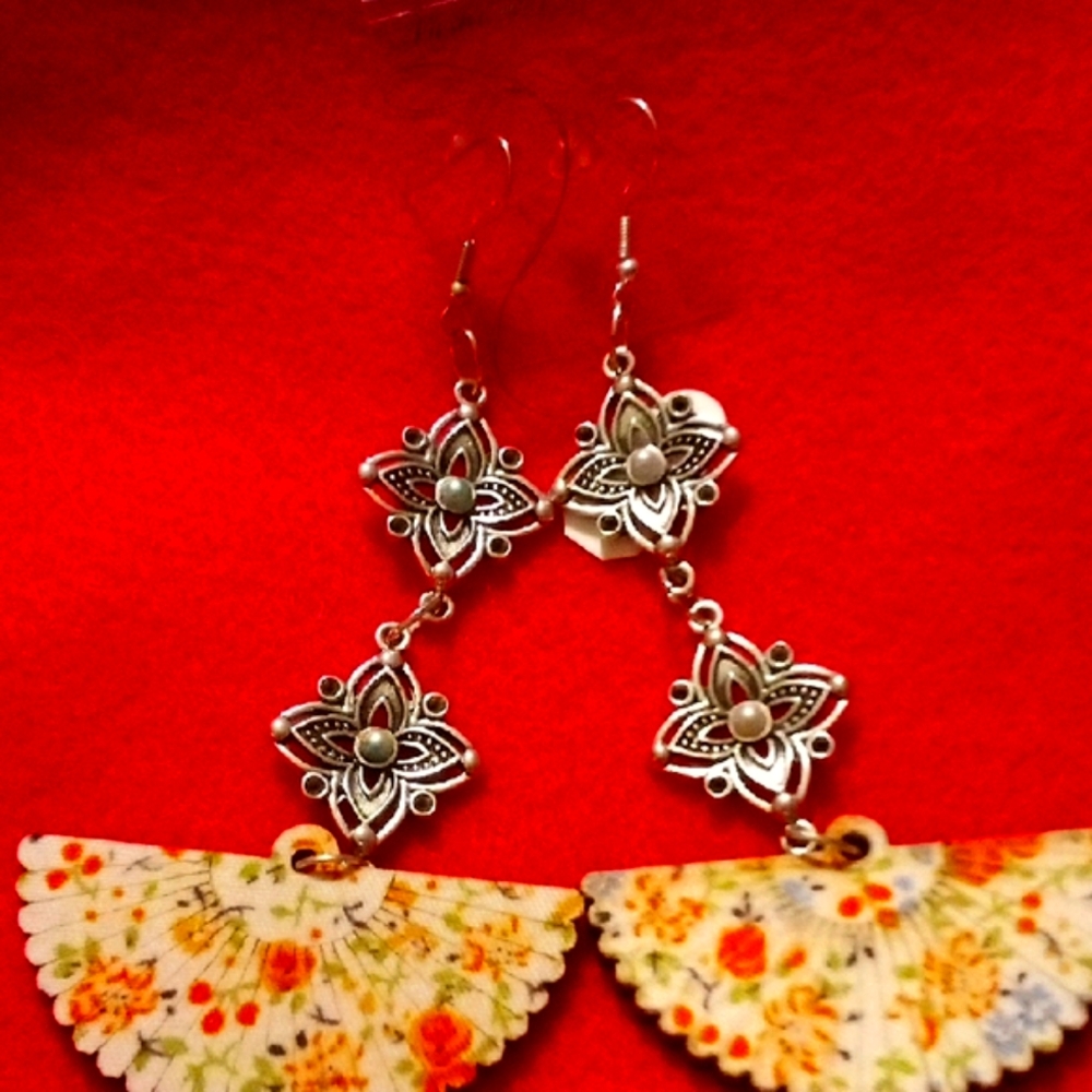 Floral Fan Dangle Earrings with Silver Accents